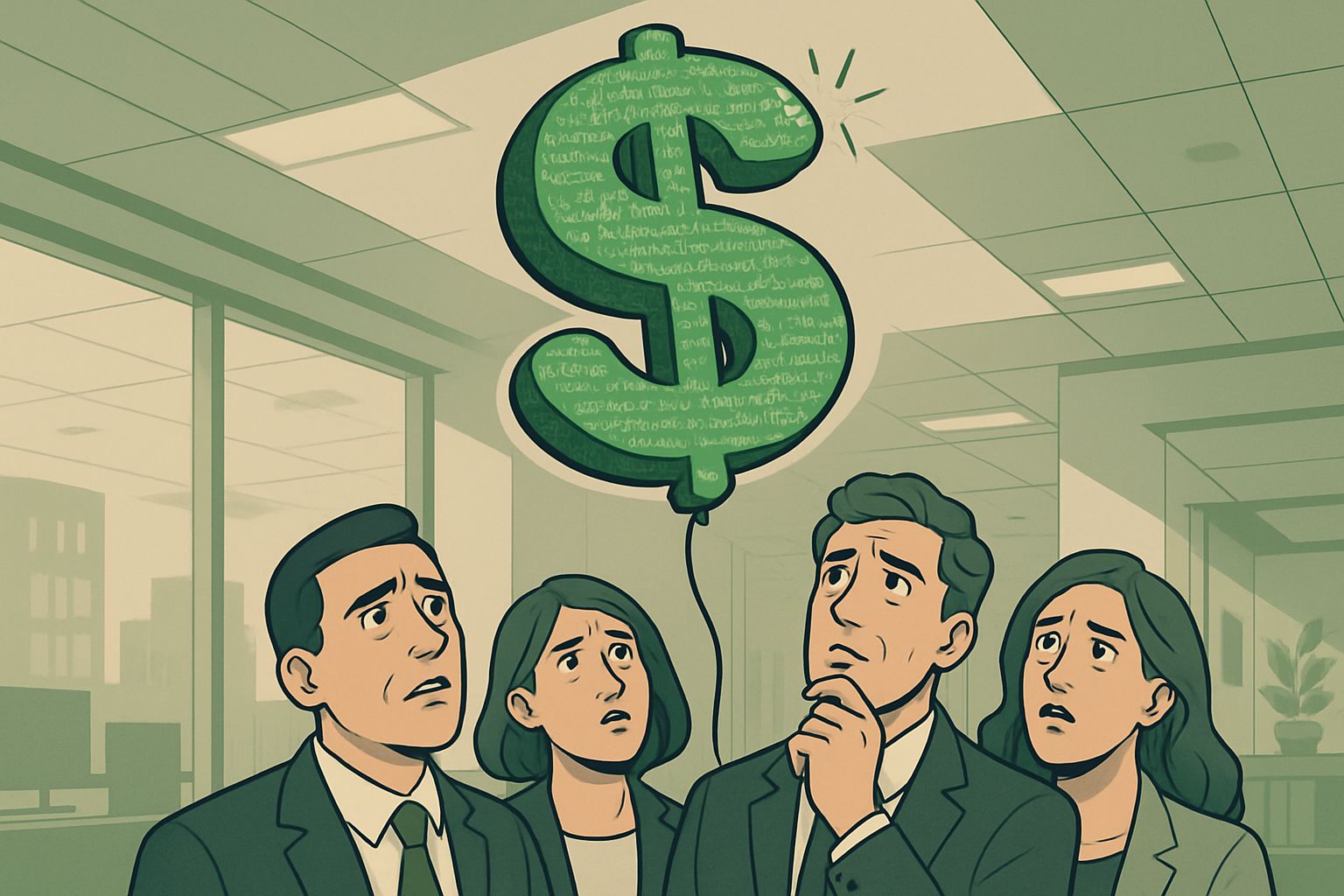 Market Bubble depicted with investors eyeing an inflated dollar balloon filled with code.