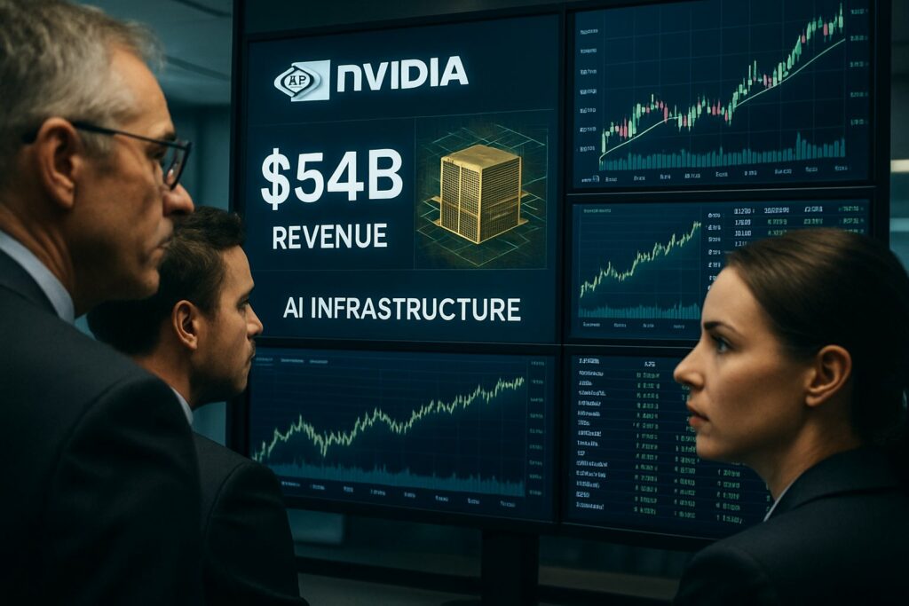 Investors tracking Nvidia earnings anticipation with financial forecasts displayed on screens.