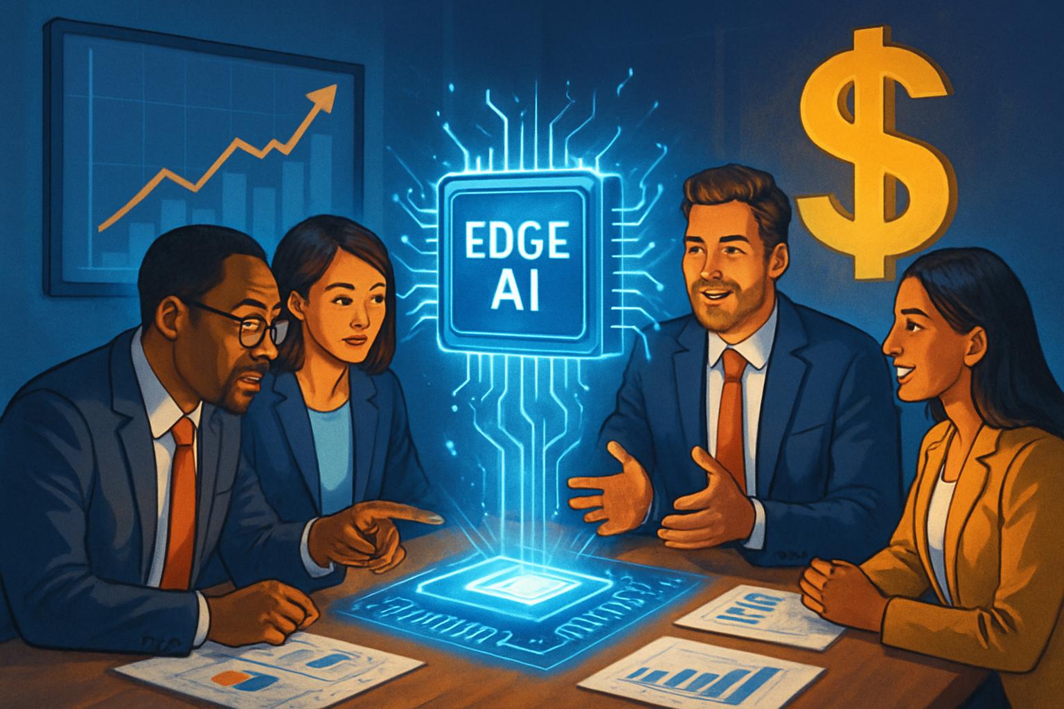 Investors analyzing Edge AI chips investment with projected financial growth visuals.