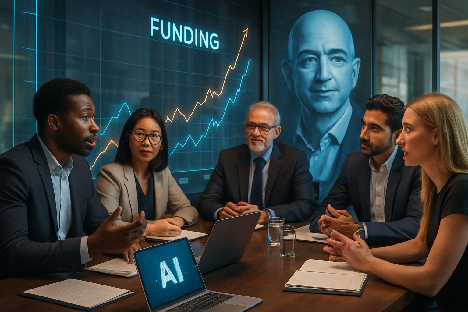Boardroom scene illustrates record AI Startup Funding trends and Bezos influence.