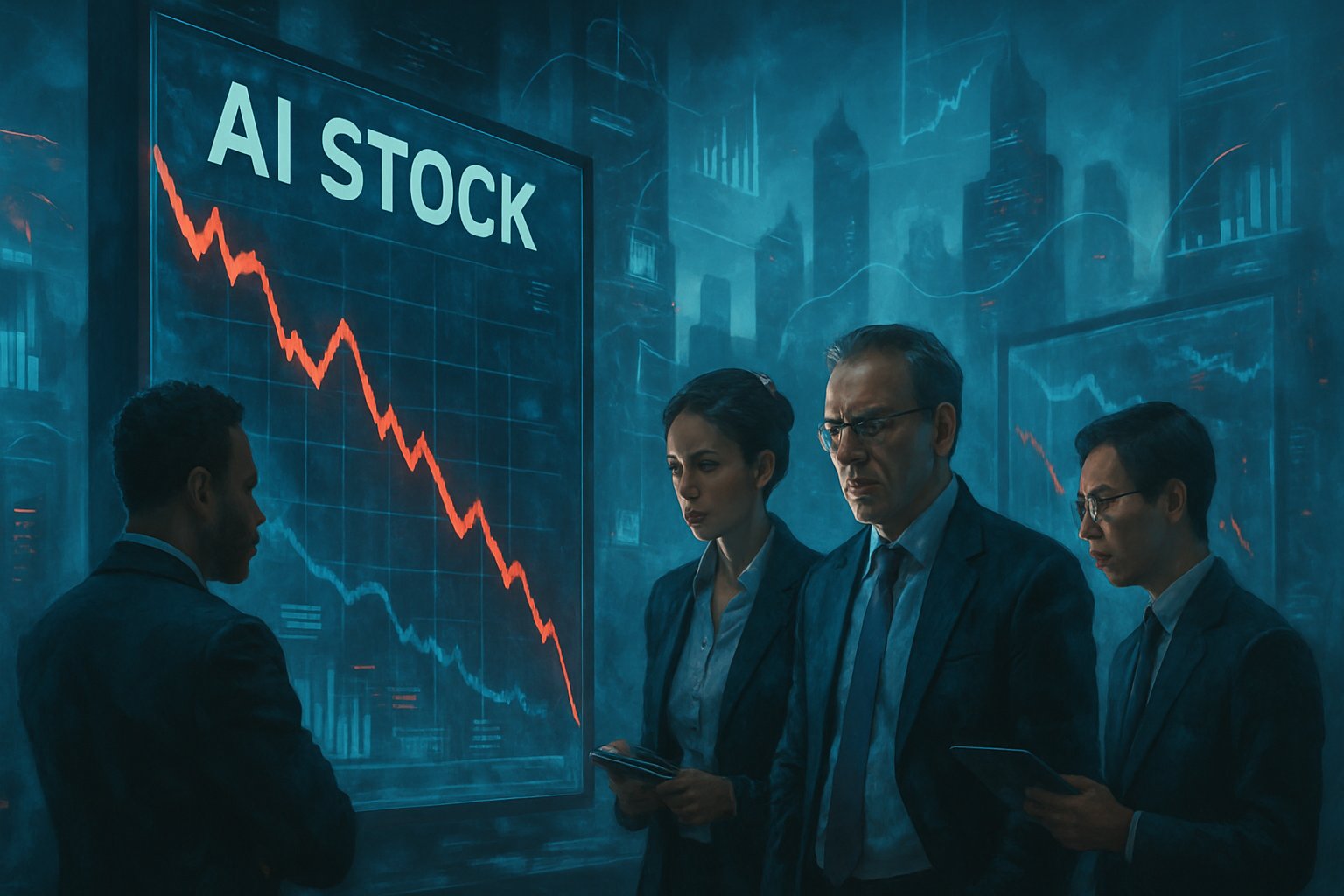 Investors study AI stock market decline graphs on digital screens.