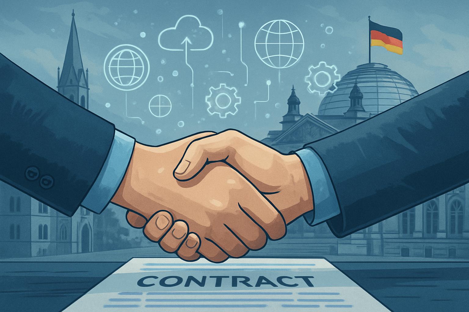 Stakeholders finalize IT Sourcing partnerships in Germany with a handshake.