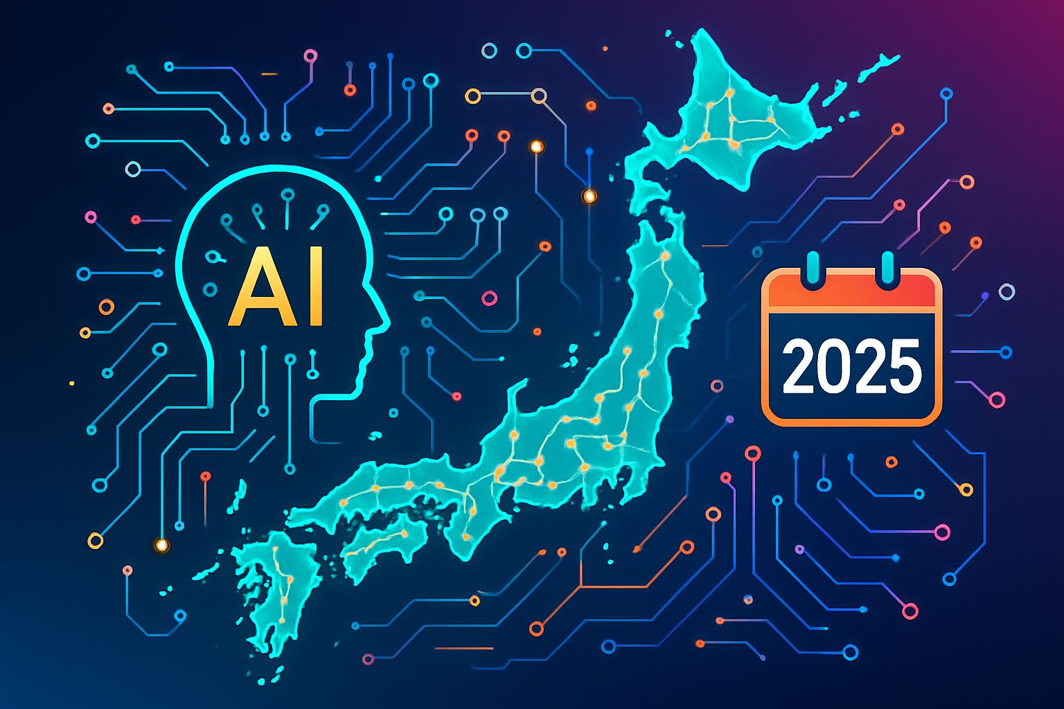 Infographic depicting Japan’s National Policy roadmap for AI through 2025 with technology icons.