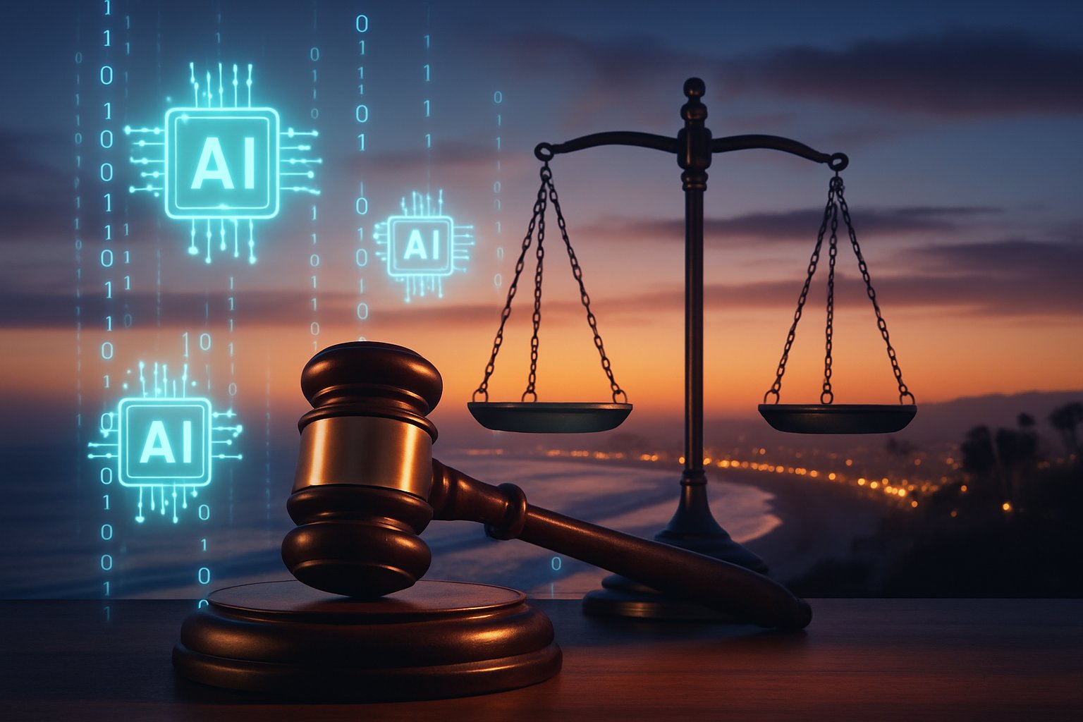 Judge's gavel with AI chips highlights state AI regulation and new compliance rules.