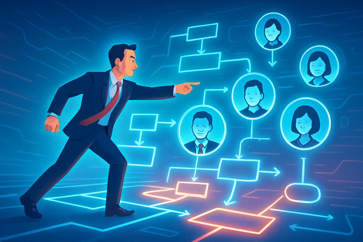 Business leader orchestrating digital assistants in a human-led agent-operated orgs network.