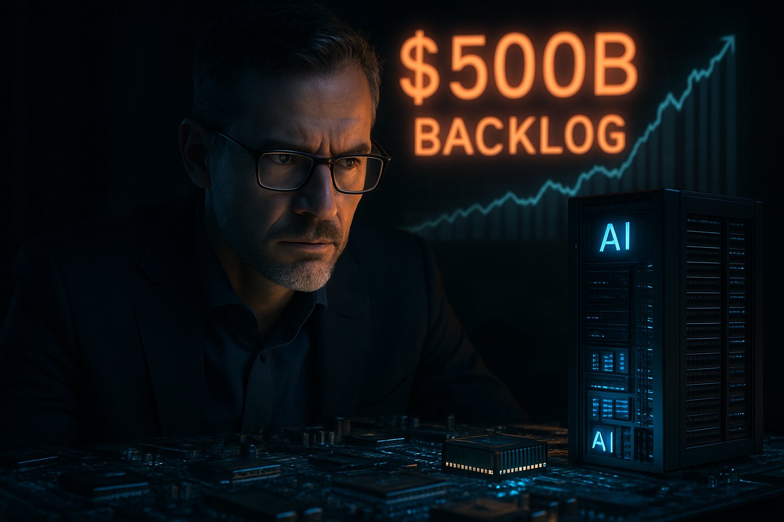 Nvidia CEO confidence visualized by focused executive overseeing AI and financial success.