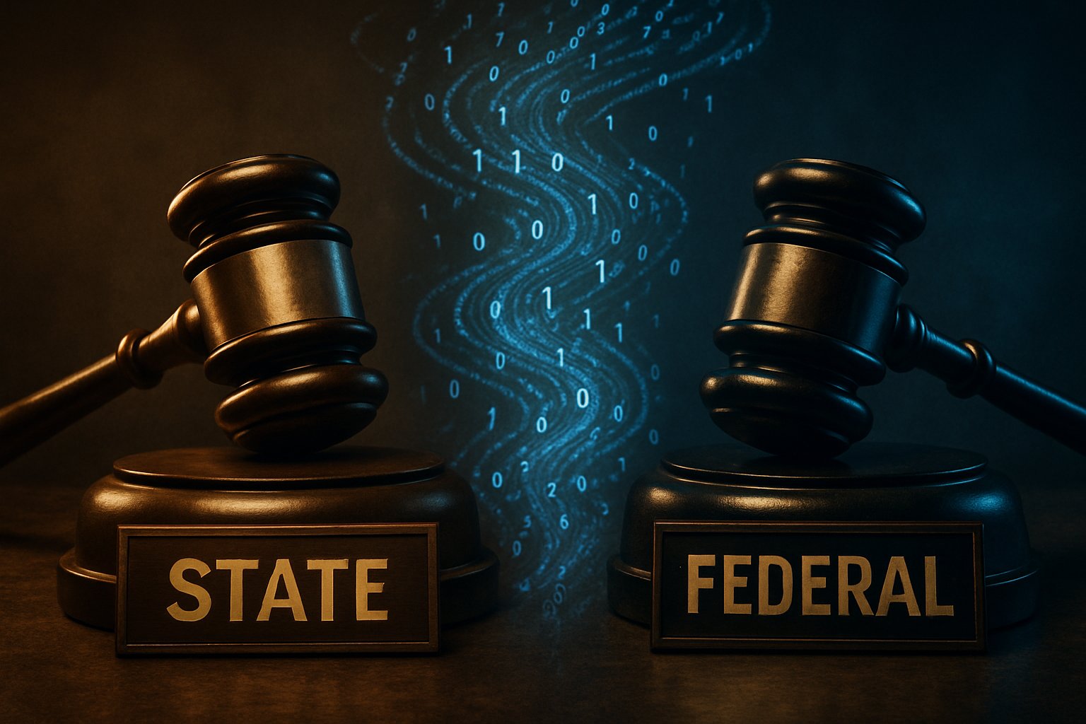 Split image of state vs federal regulation of AI policy with gavels and code.