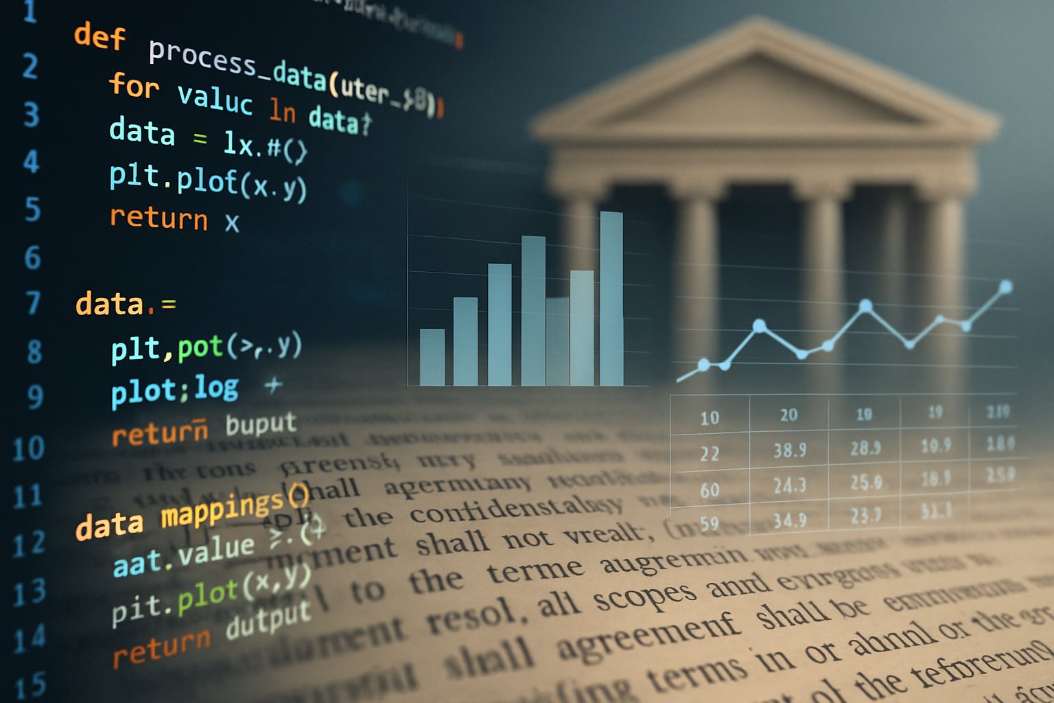 Legal documents enhanced with Legal Tech data analytics and software visuals.