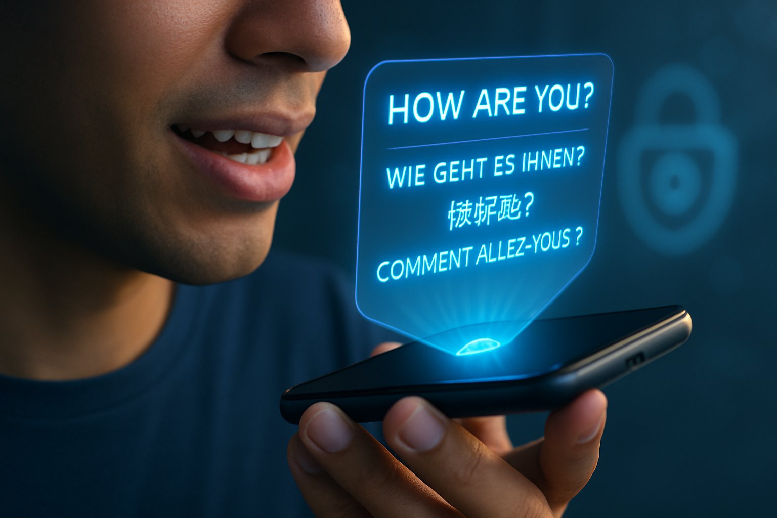 Real-time Translation displayed as live text on smartphone with privacy icons
