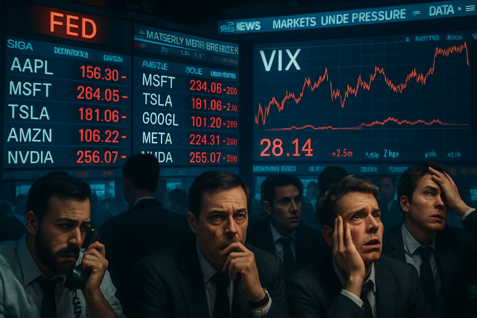 Traders monitor screens showing tech futures volatility and Nasdaq price swings.