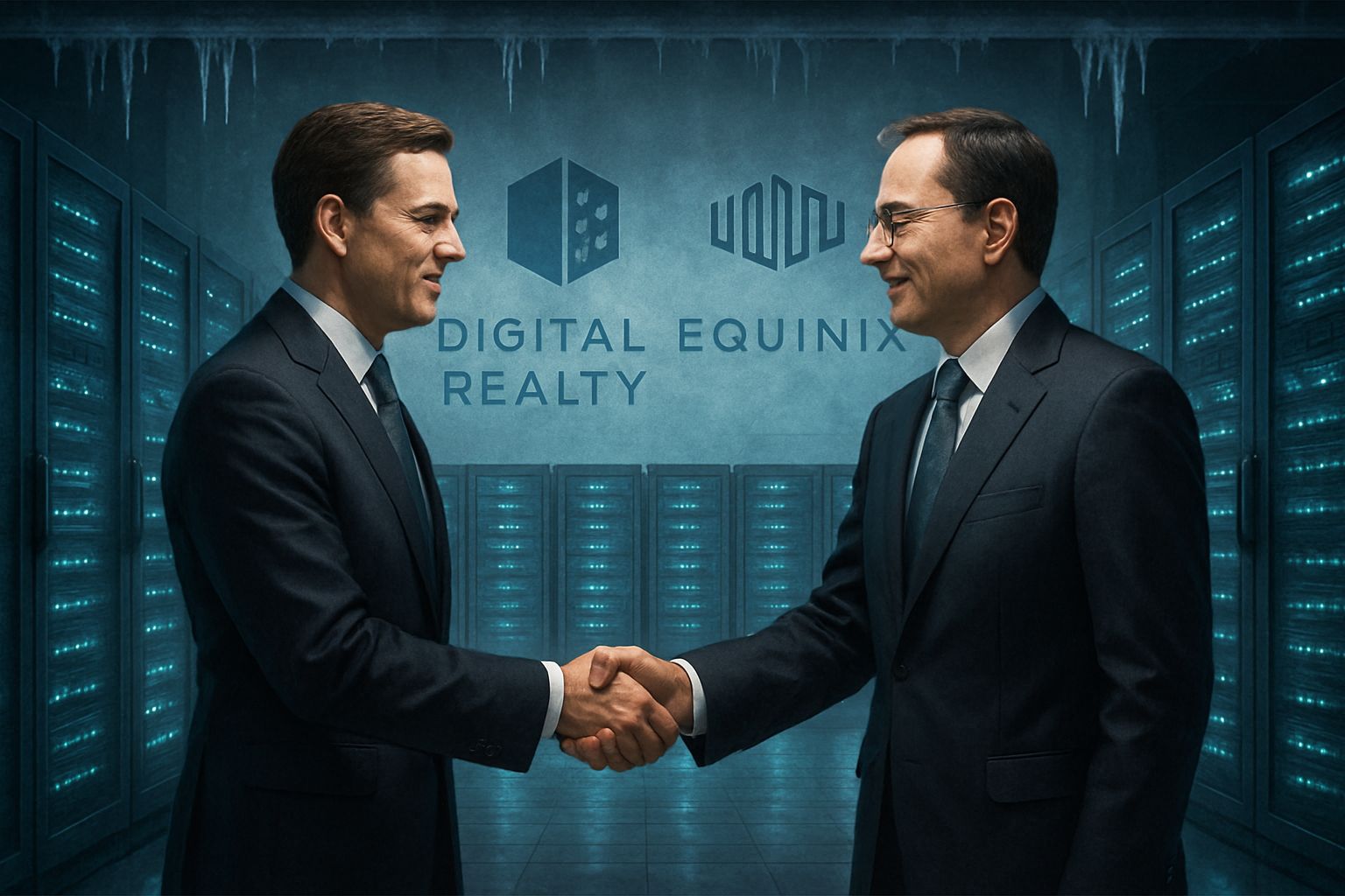 Infrastructure M&A handshake at high-tech server farm with Digital Realty and Equinix logos.