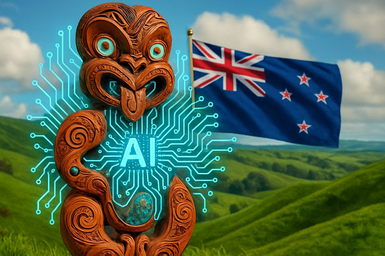 National Policy symbolized with Māori carving and AI elements representing NZ’s approach.