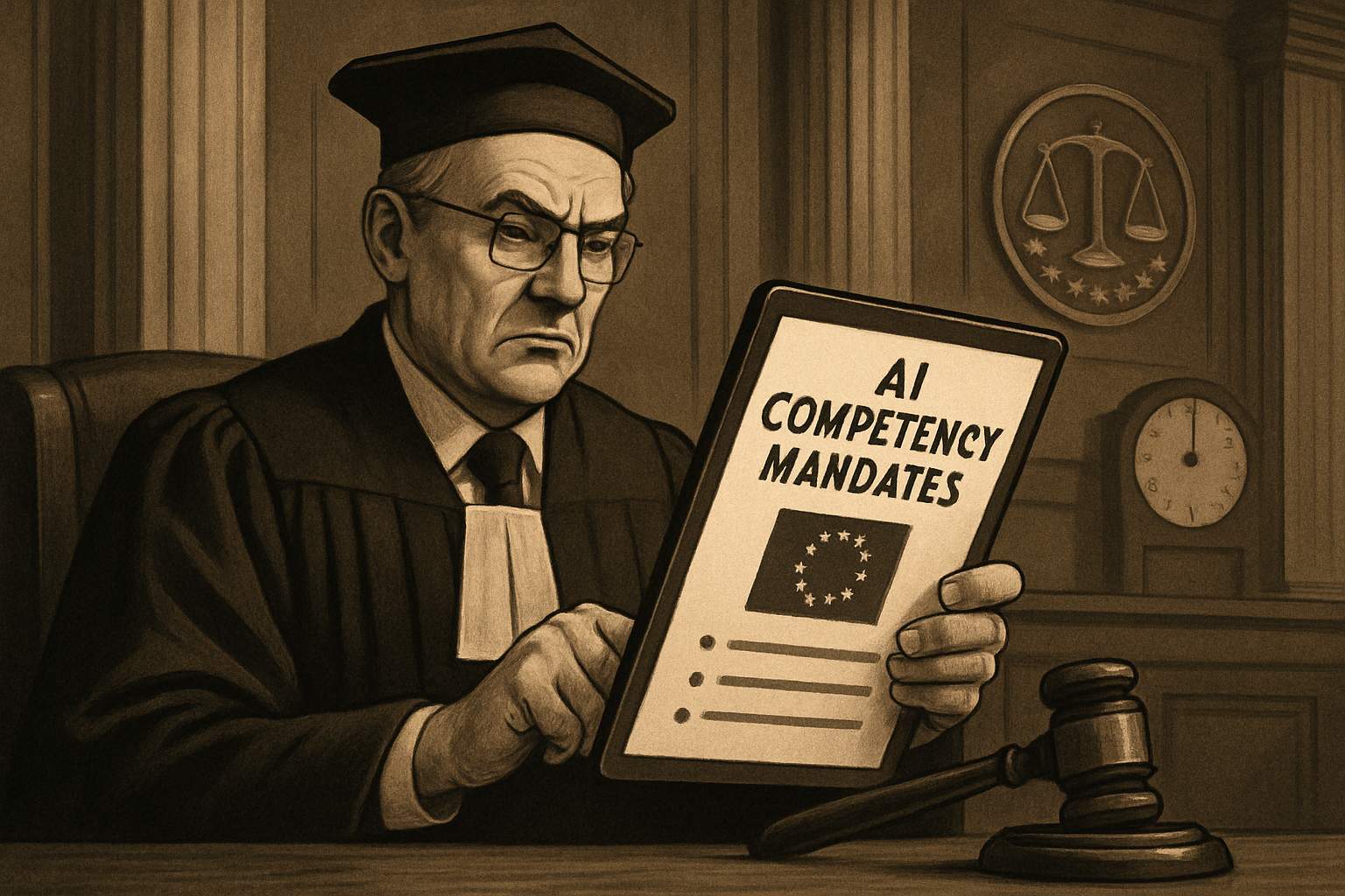 Judge examining digital documents related to AI competency mandates, symbolizing enforcement.