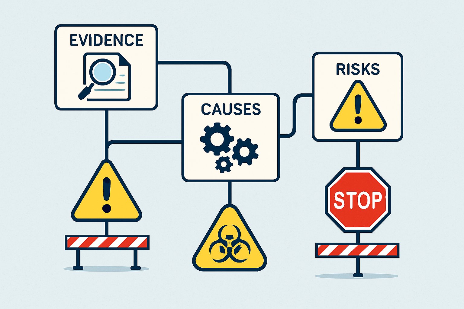 Infographic visualizing Reasoning Failure pathways and risk indicators in LLMs.