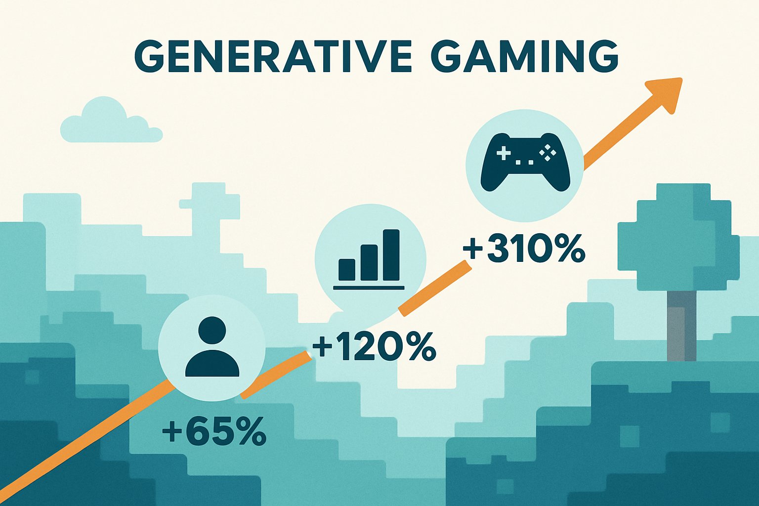 Generative Gaming market growth data highlighted in a stylized infographic overlaying a game landscape.