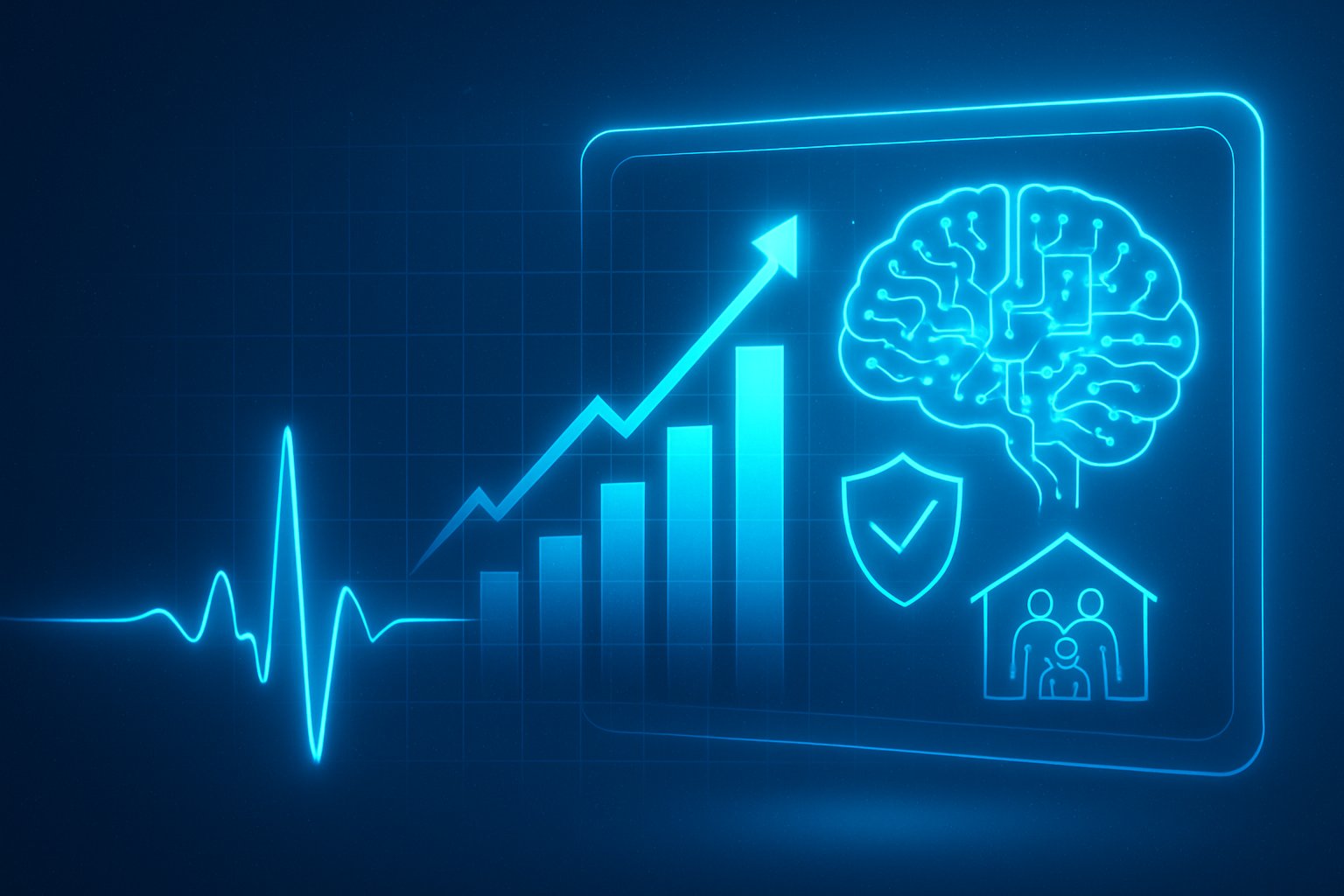Financial Markets pulse line merging with insurtech and AI trends in futuristic imagery.