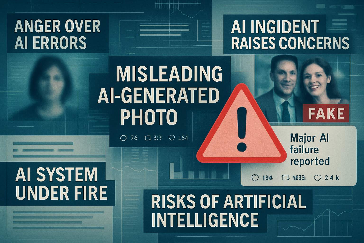 News collage illustrating 56.4% YoY increase in AI harm cases.