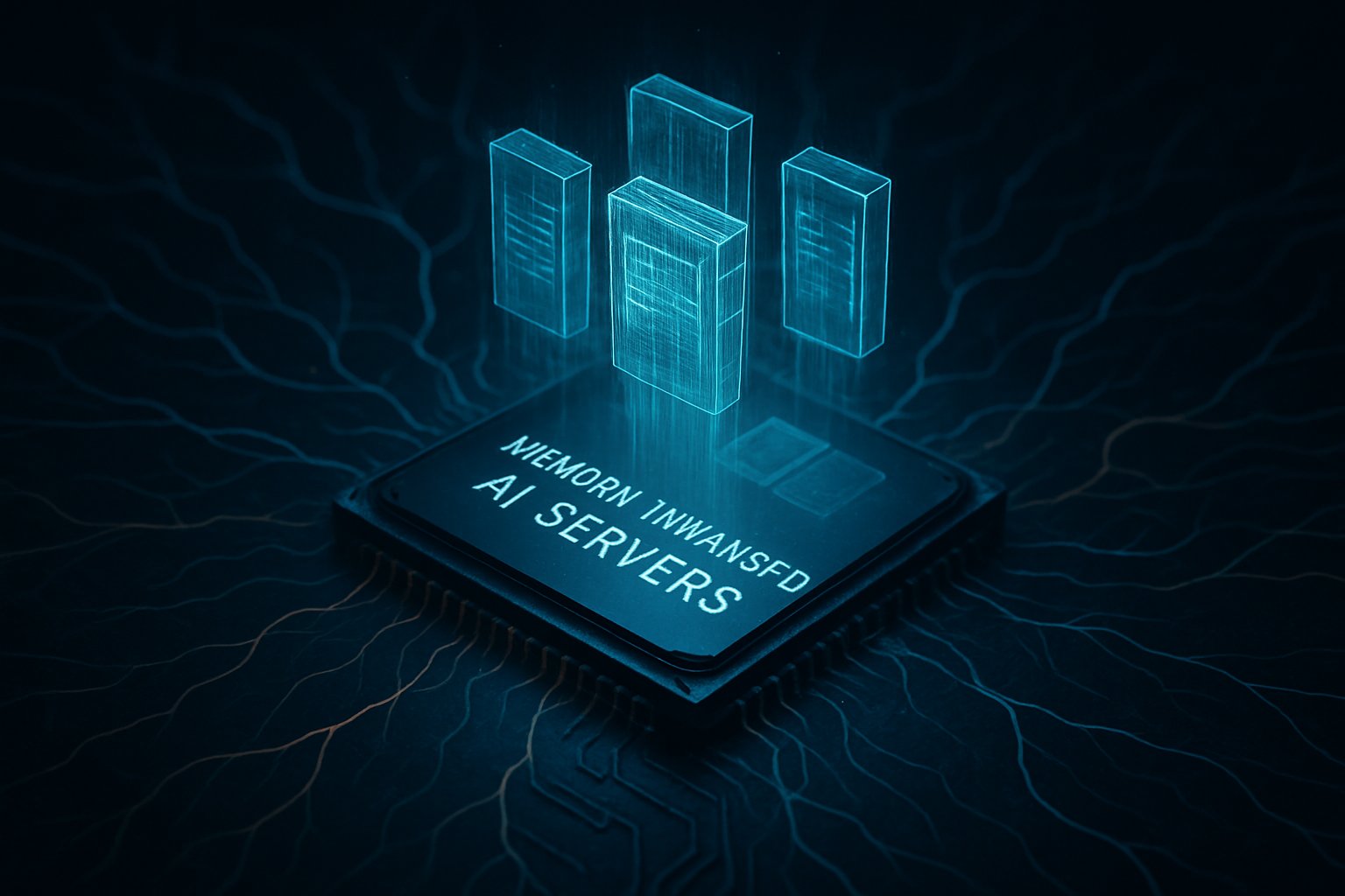Microchip with holographic elements showcasing Memory-Enhanced AI Servers technology.