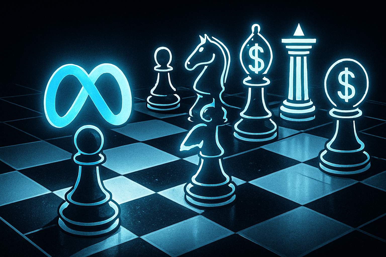 Contrarian positioning concept shown with Meta logo chess and AI strategy.