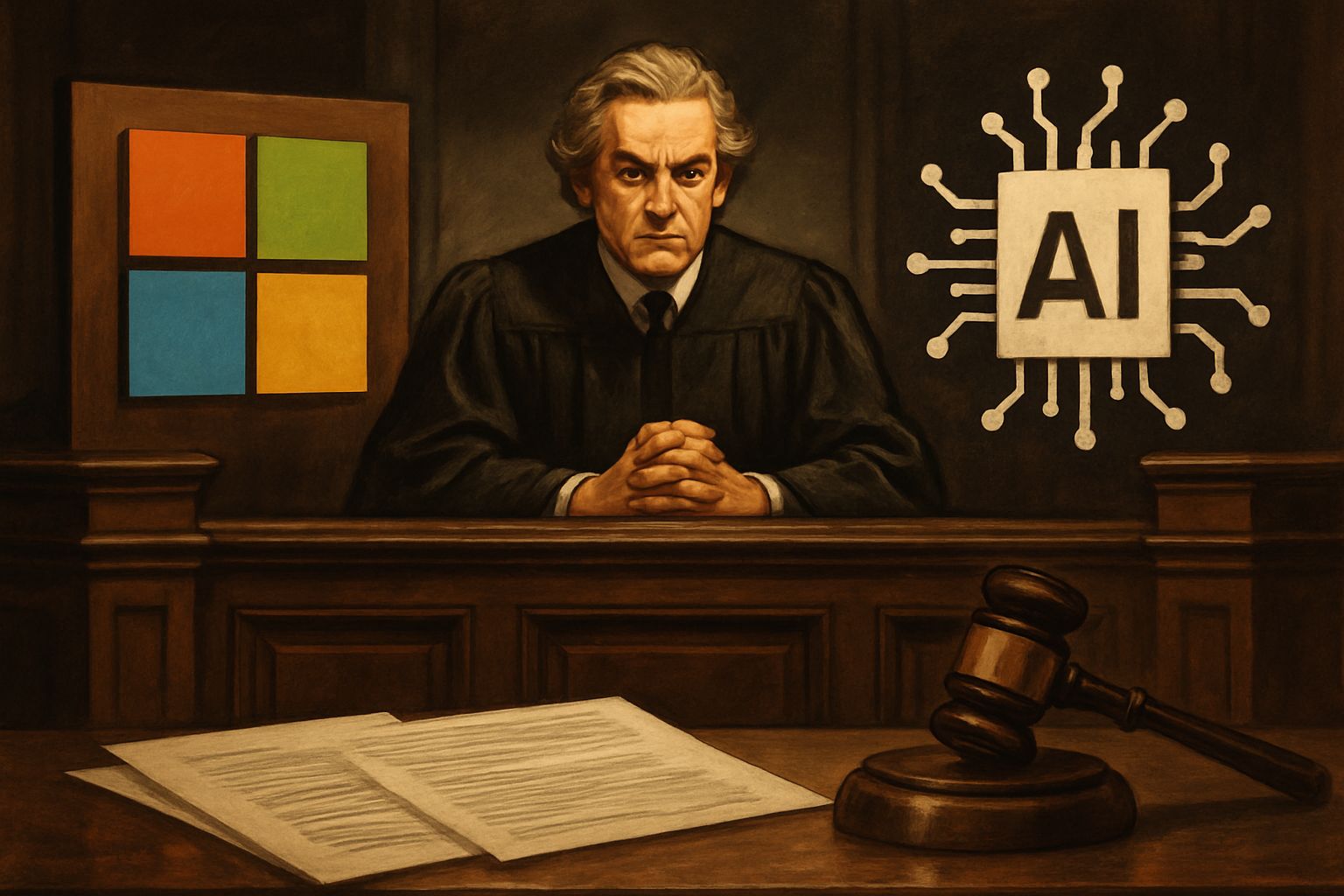 Courtroom scene depicting Microsoft and AI Regulation lawsuit in Australia.