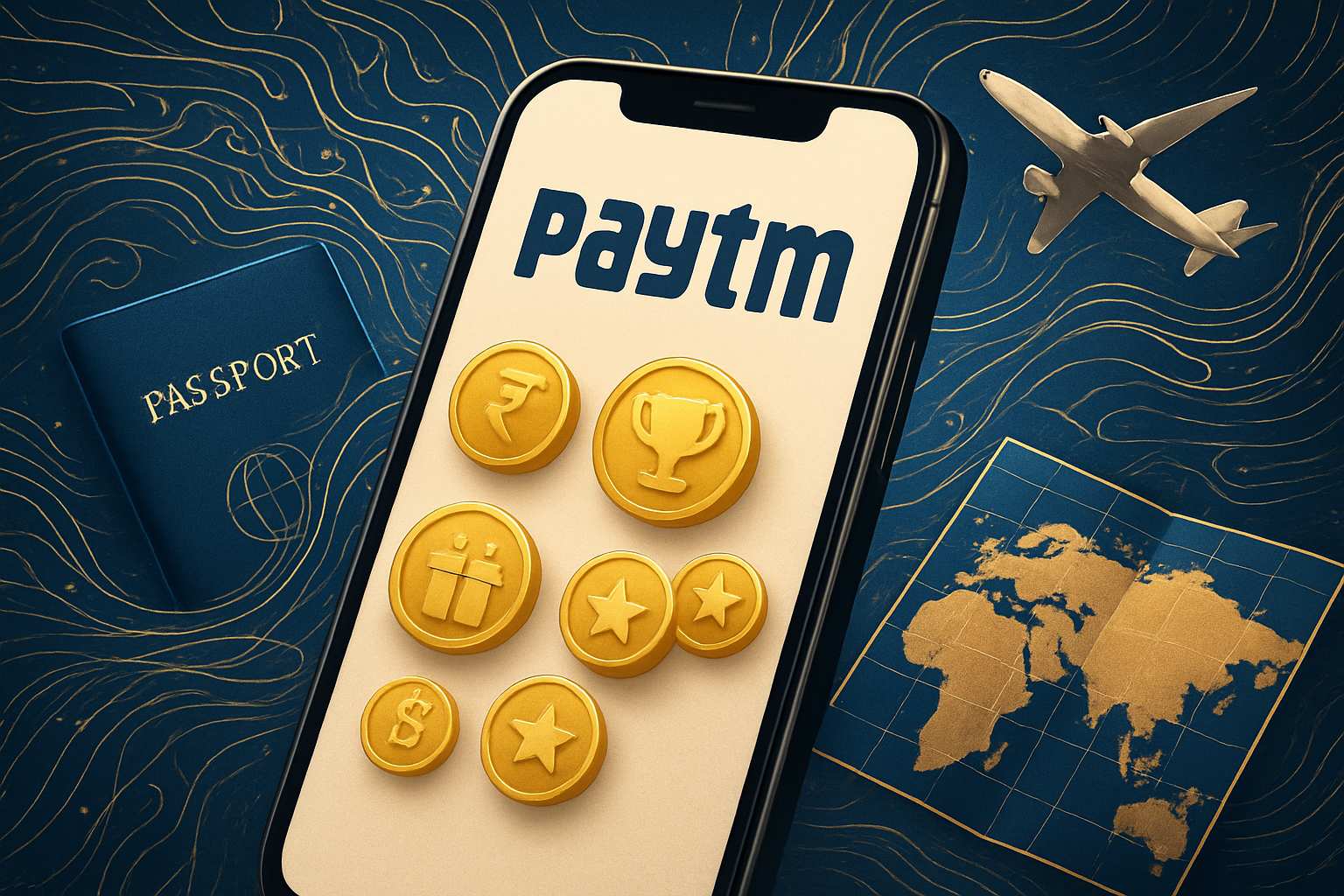 Paytm app illustrates AI in fintech innovation with gold rewards and travel icons.