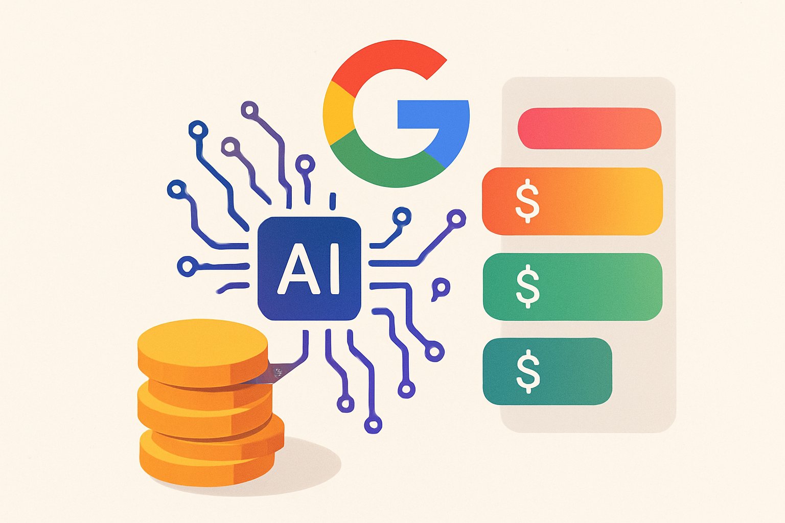 Illustration showing Google's tiered monetization model with coins and AI icons.