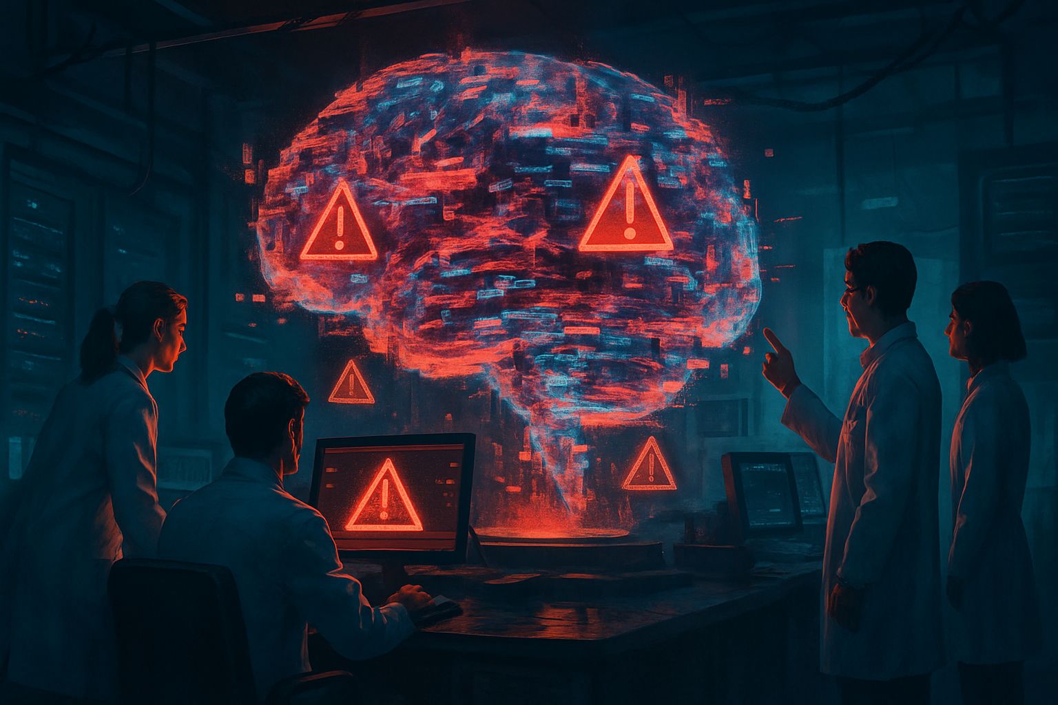 Researchers examine AI Alignment Failure Modes shown in a glitching holographic AI brain