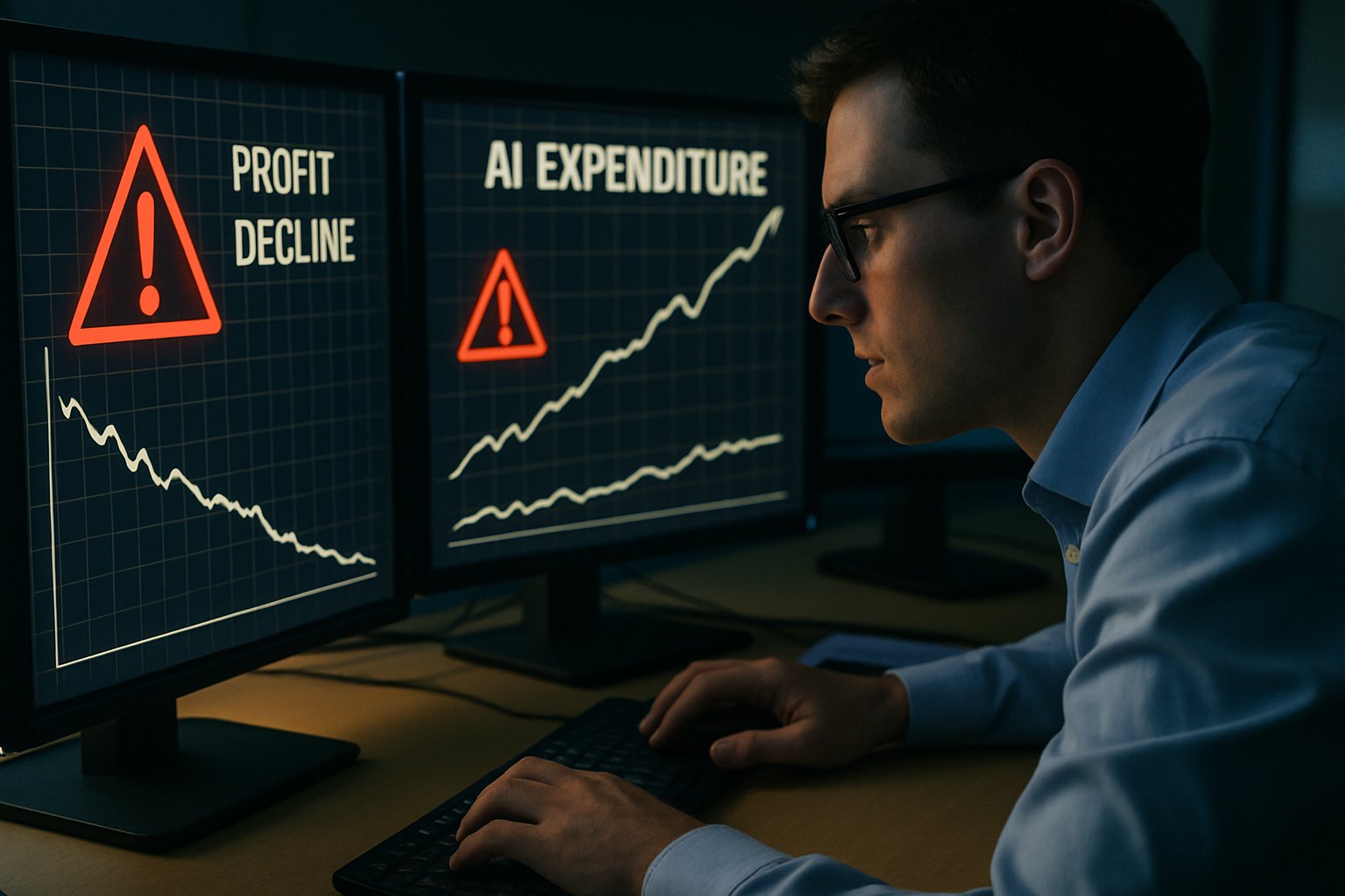 analyst warning visualized by analyst at desk monitoring AI CapEx surge and profit warnings