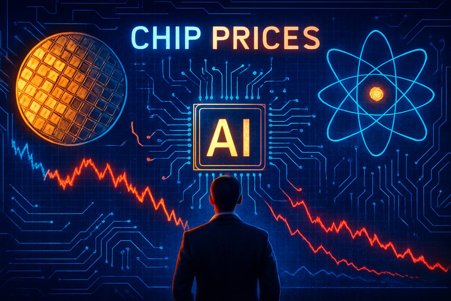 Businessperson evaluating AI Hardware Inflation and chip pricing trends on digital screen.