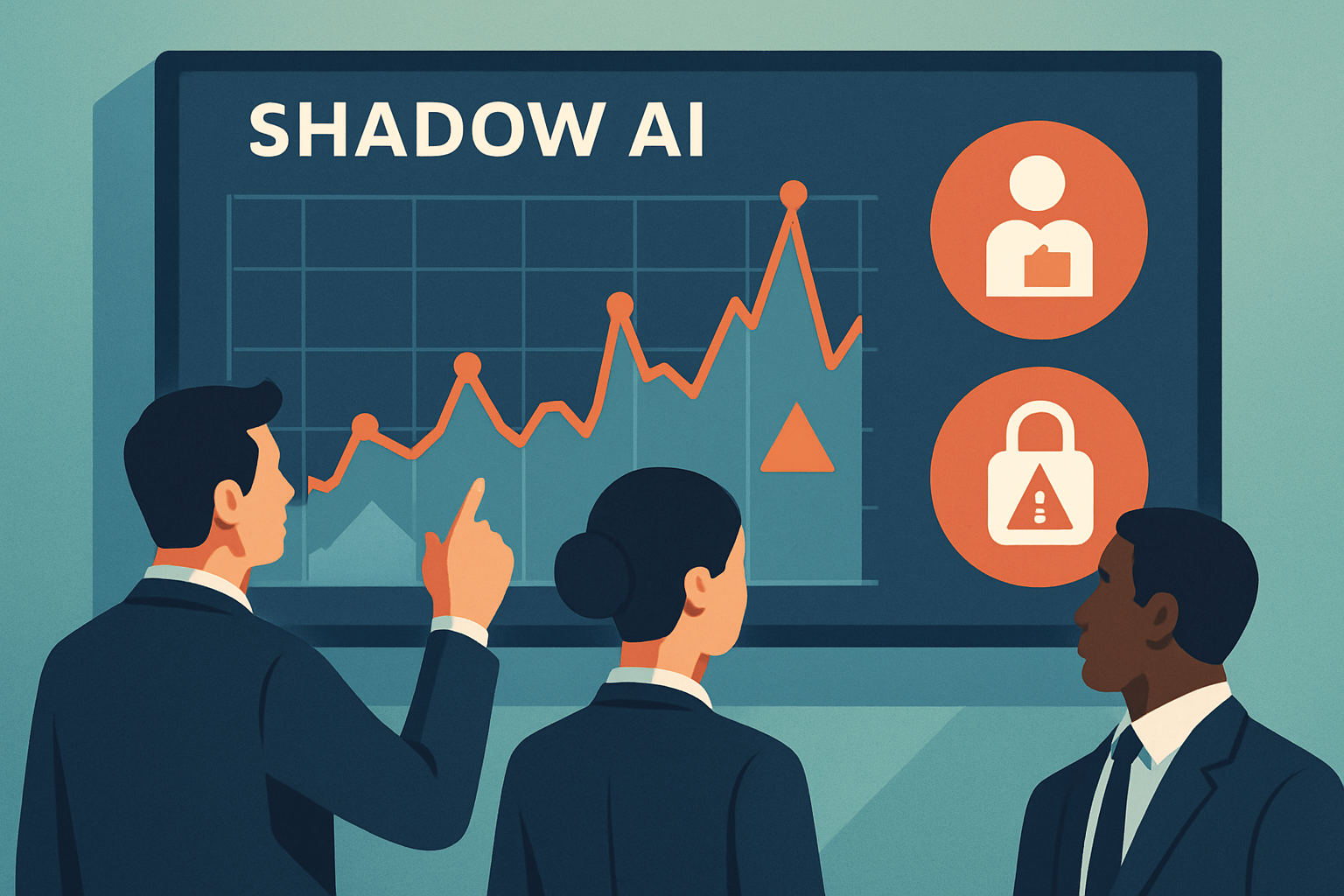 Business leaders monitor shadow AI usage trends and risks on digital dashboards.