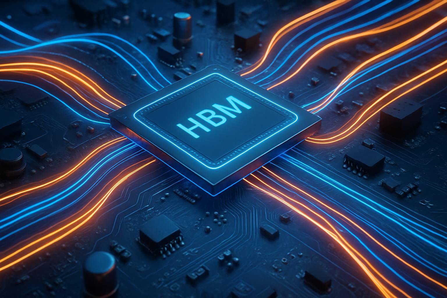 Motherboard illustrating Hardware Bottleneck solution with HBM and optical fibers.