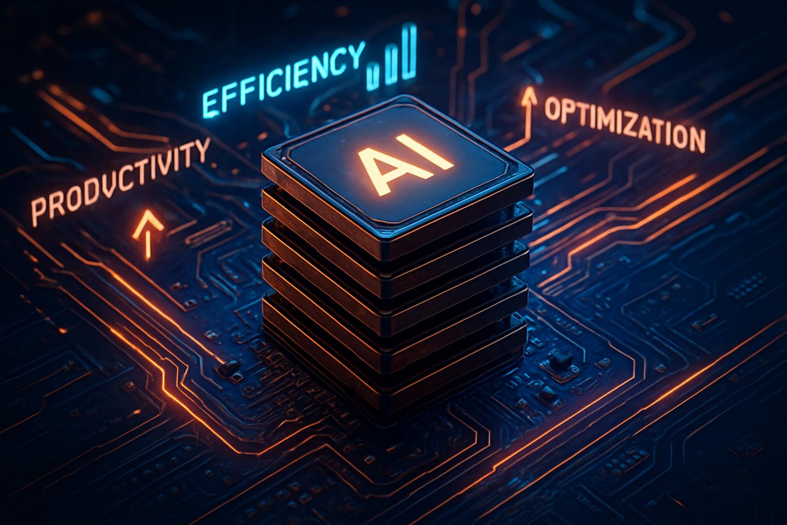 Multi-chip server representing AI business model efficiency with data stream visuals.