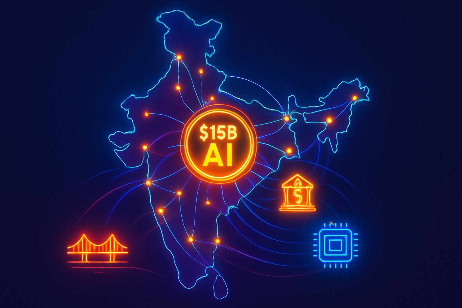 Infrastructure Funding illustrated as digital investments linking cities to AI megahub in India.
