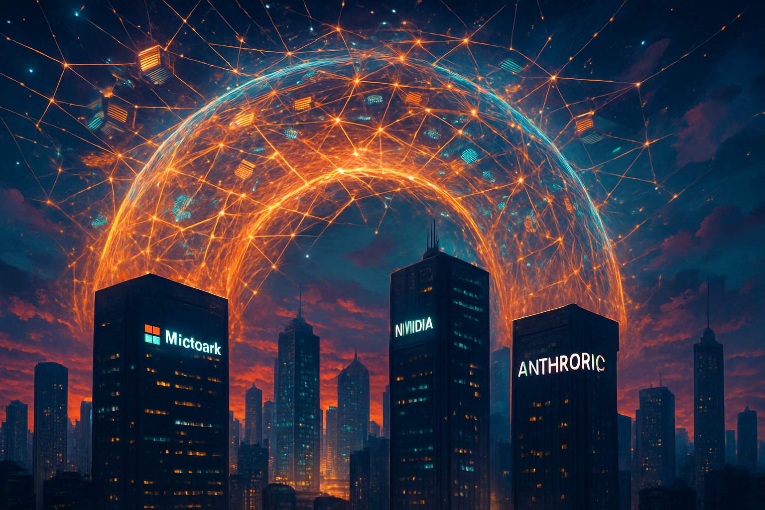 Glowing digital network over city symbolizing strong AI Infrastructure from top tech firms.