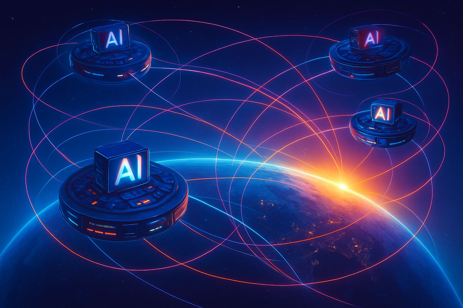 Network of orbital AI datacenters circling Earth in a digital art style.