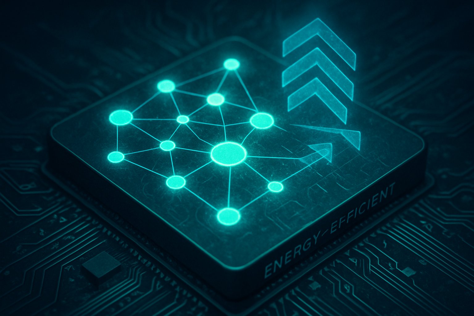Stylized neural network overlay on energy-efficient Neuromorphic LLMs microchip.