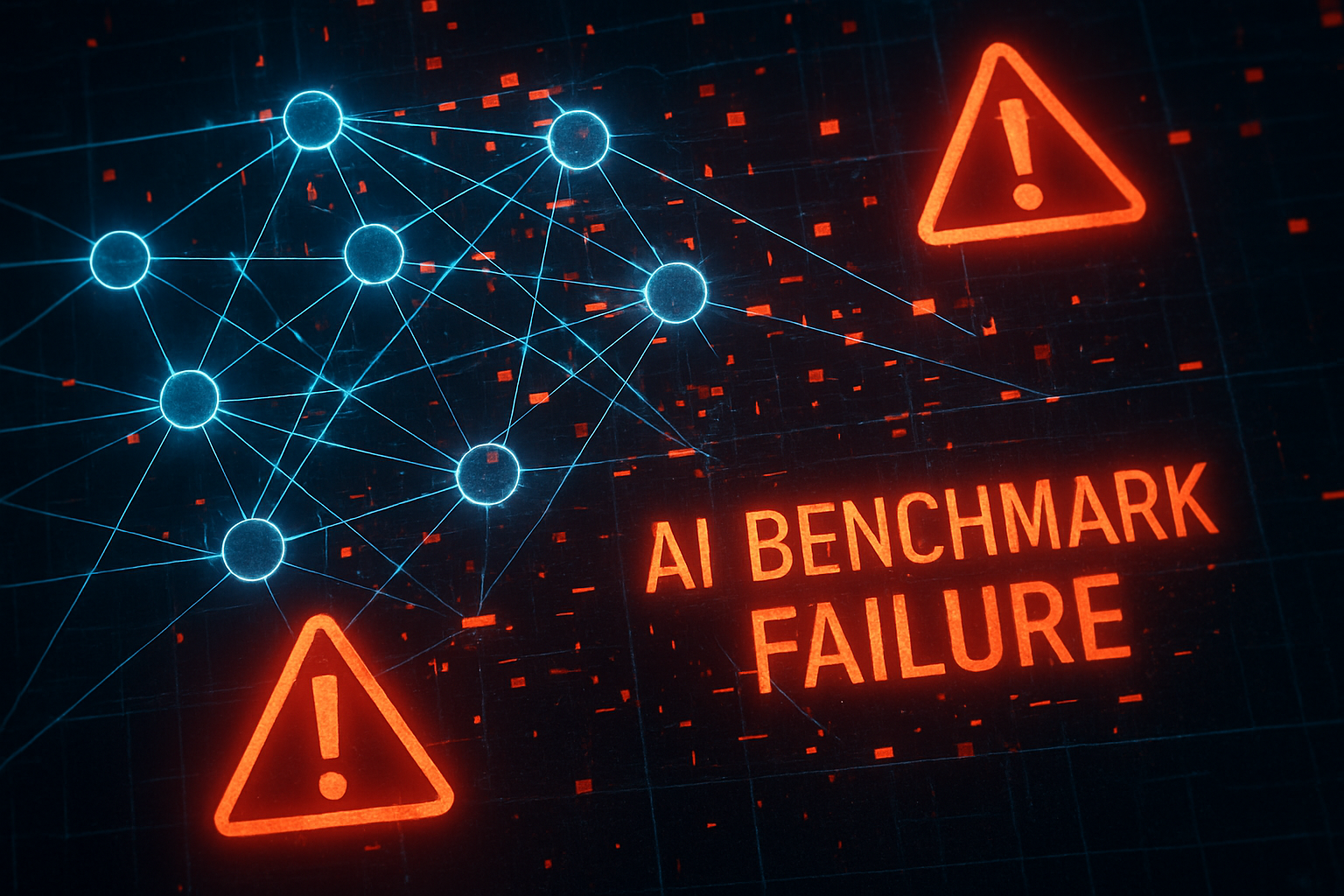 Neural network diagram with error signs highlighting AI benchmark failure.