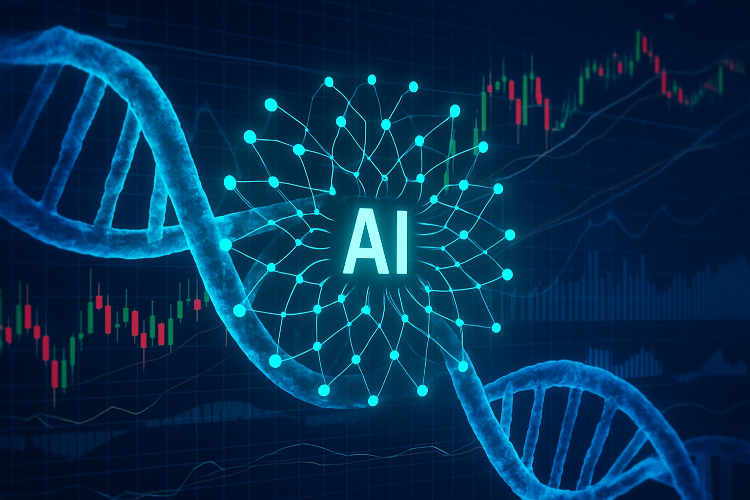 AI neural networks overlay DNA strand showing biotech AI positioning.