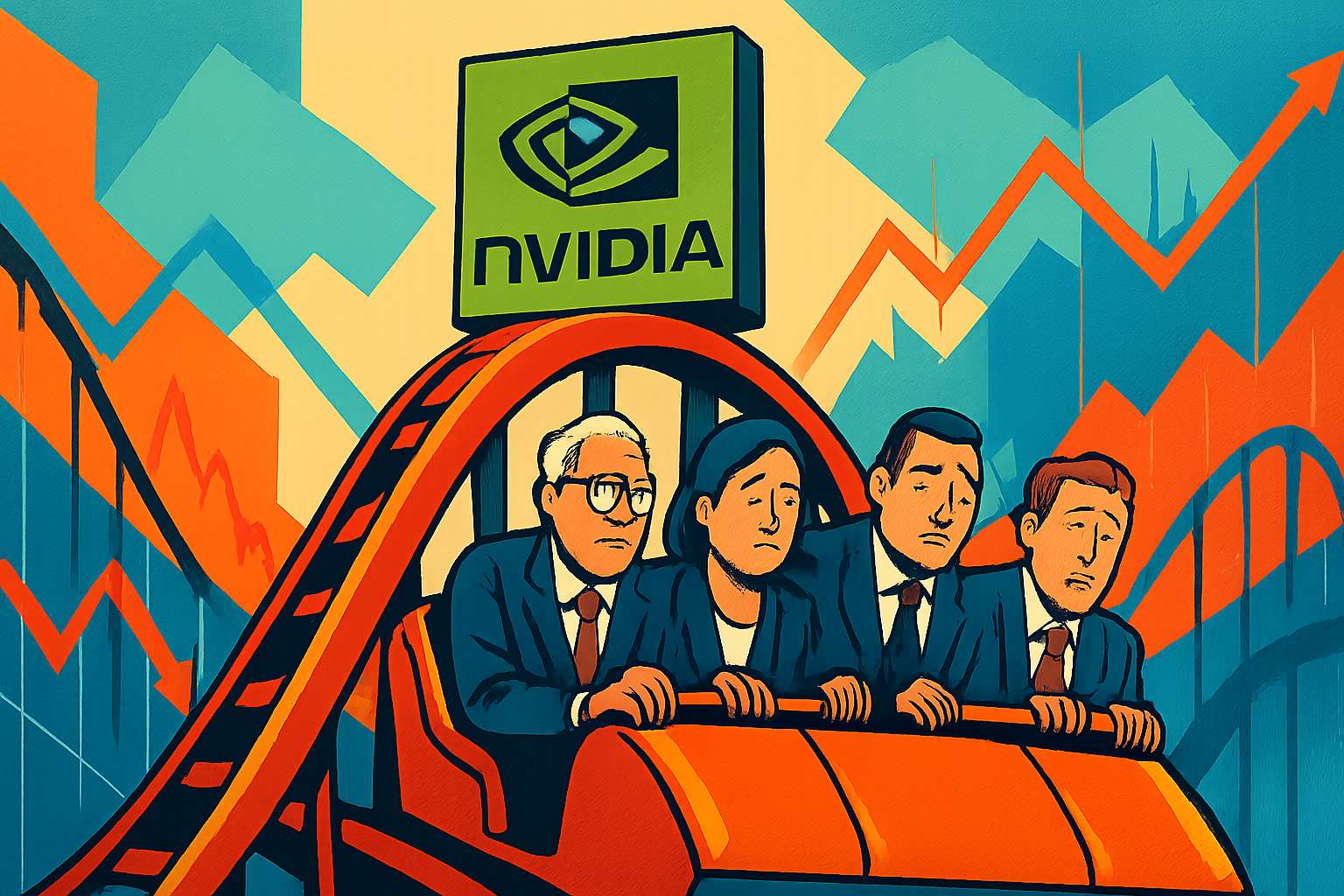 Nvidia rollercoaster scene representing the investor sentiment disconnect after earnings.