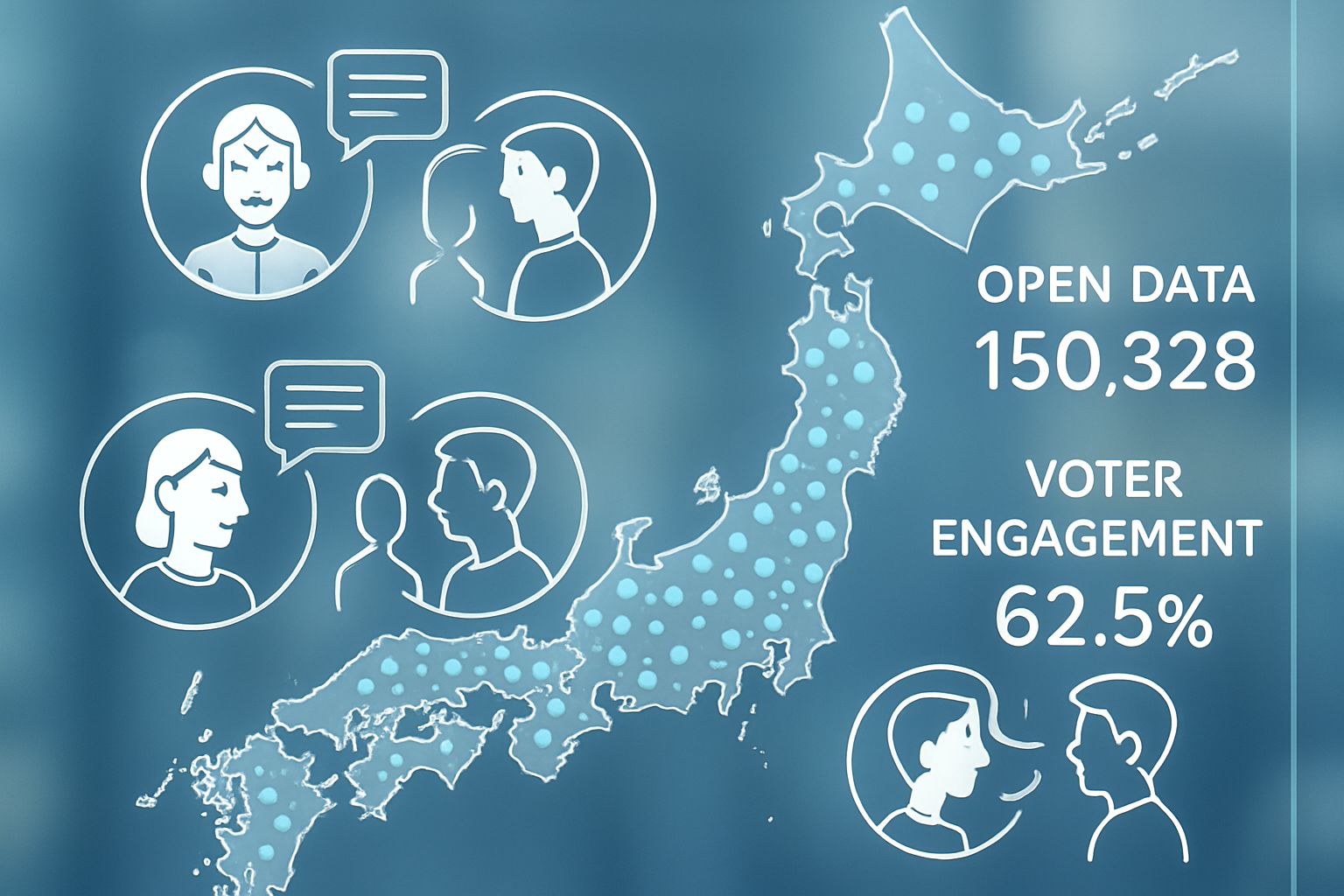 Transparent digital map with Civic Tech data and AI avatars facilitating voter engagement.