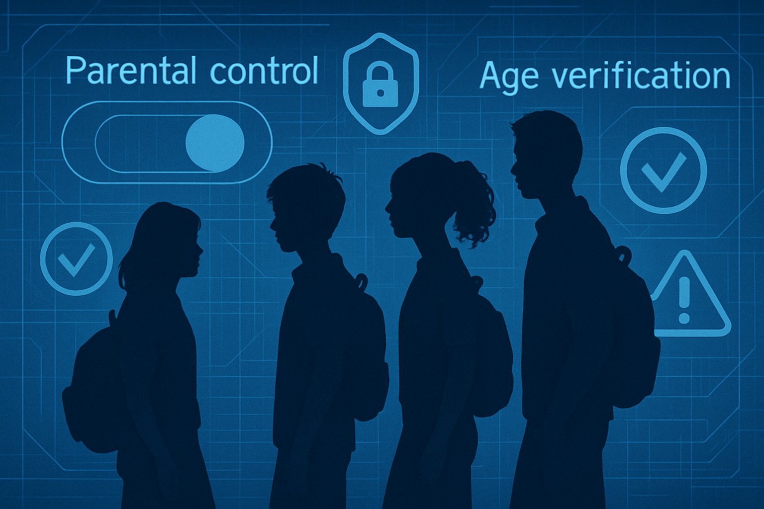 Digital blueprint with teens illustrating key AI safety for teens concepts.