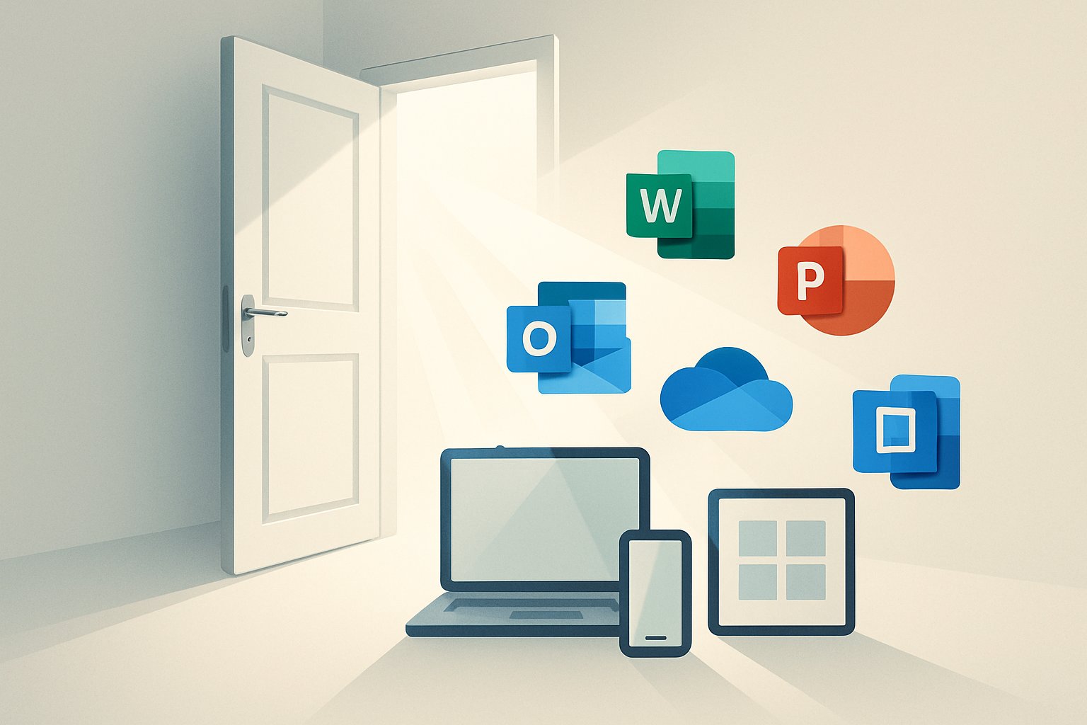 Open door symbolizing democratization initiative opening access to Microsoft 365 tools.