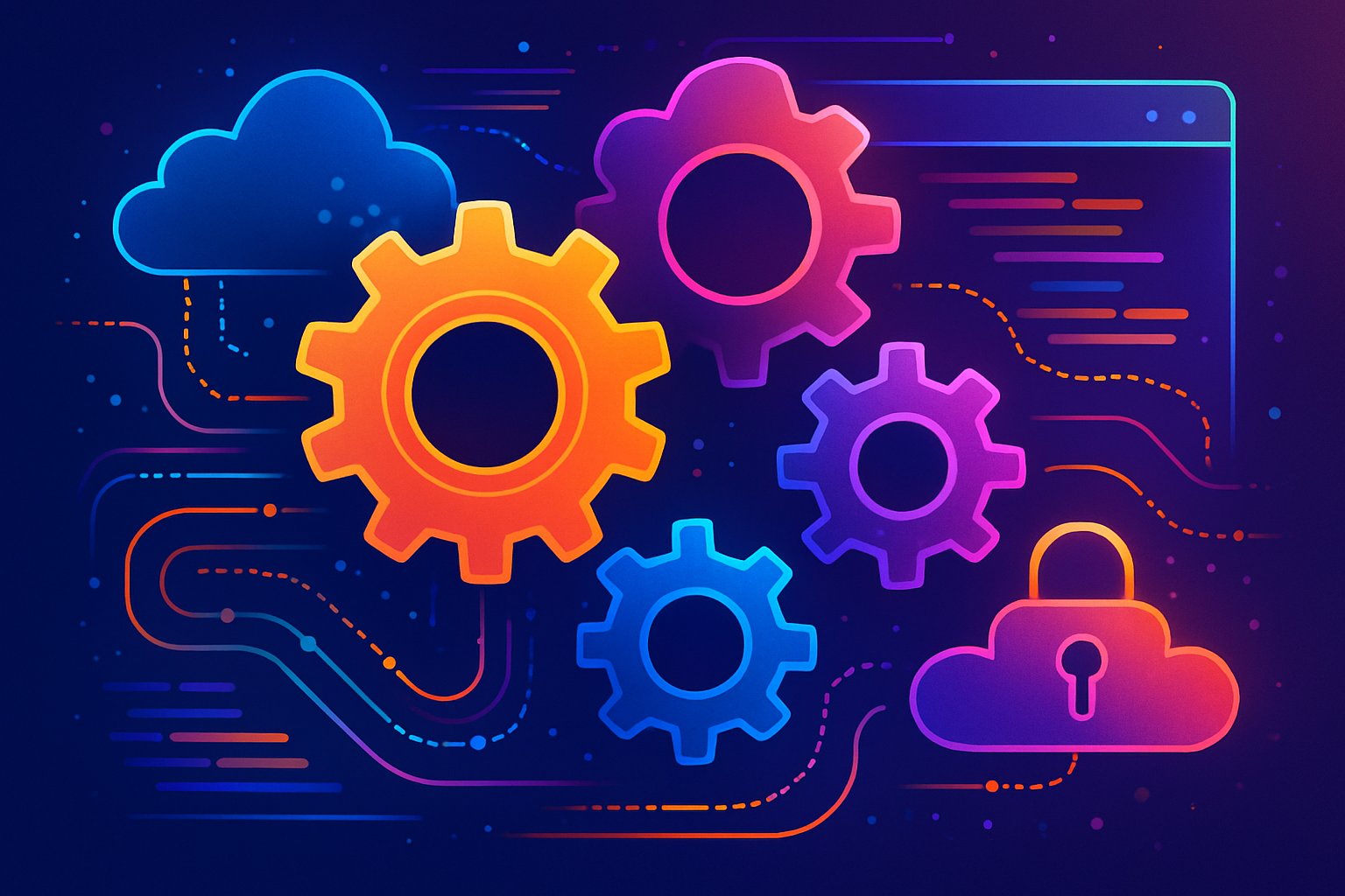 Optimized process architecture visualization with gears, clouds, and secure web IDE elements.