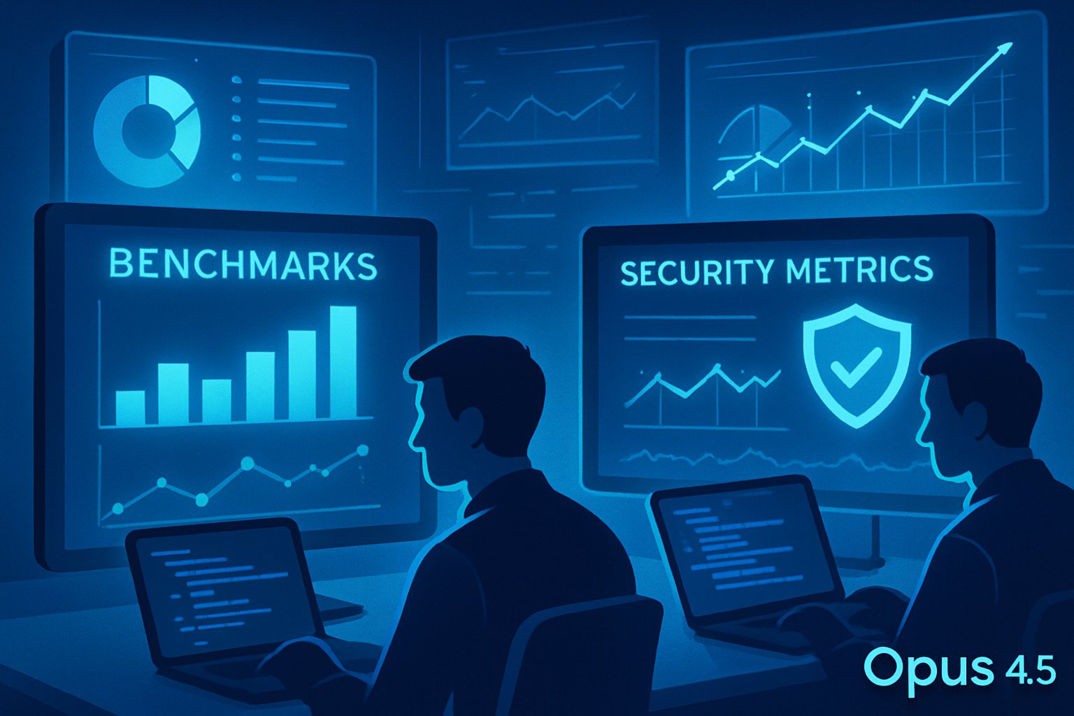 Opus 4.5 benchmarks and security insights visualized in futuristic data charts