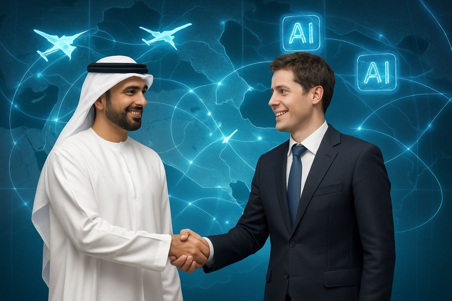 Emirates and OpenAI executives formalizing an aviation industry partnership with digital AI elements.
