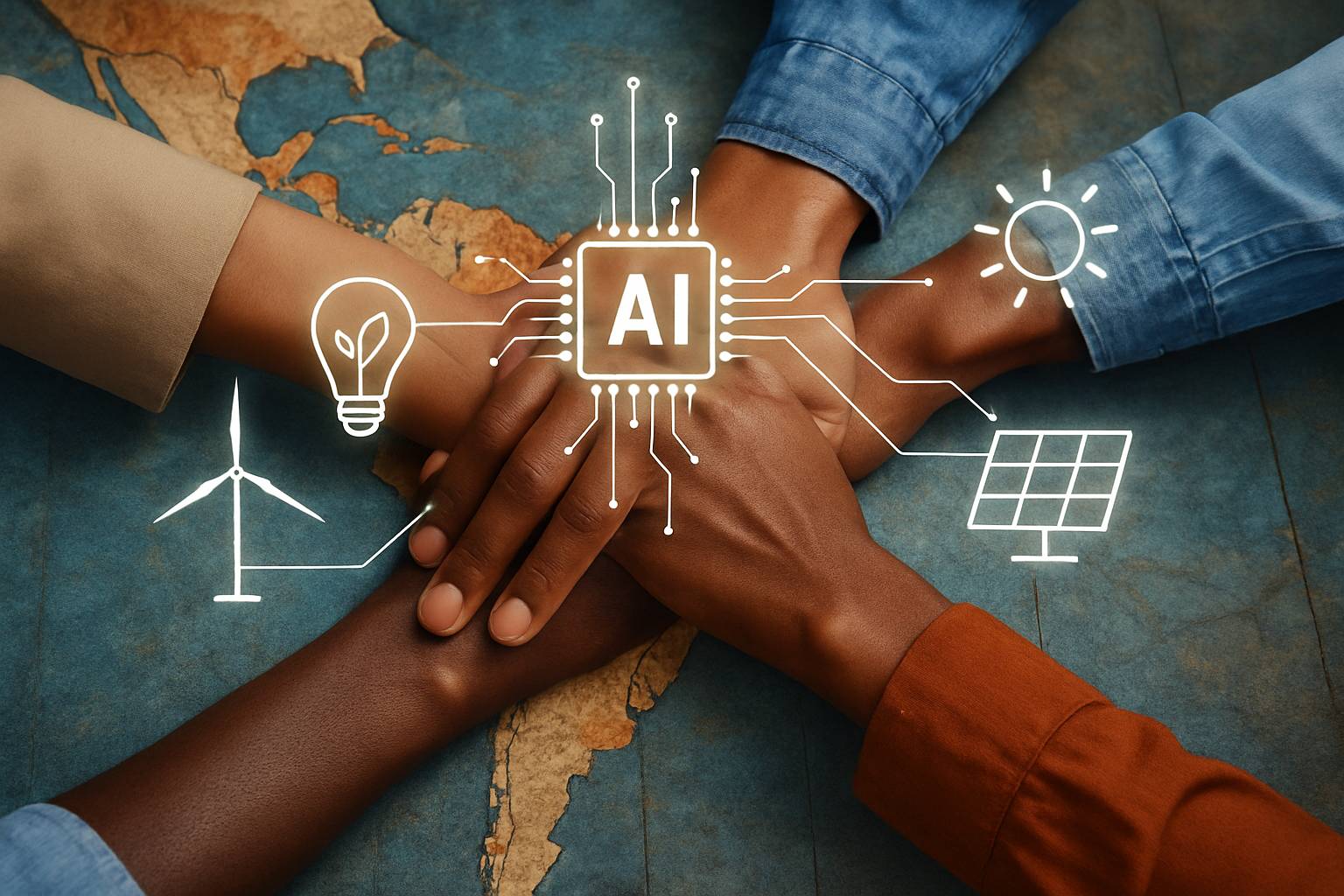 Hands unite at Ecosystem Forum, symbolizing AI, partnerships, and green innovation.