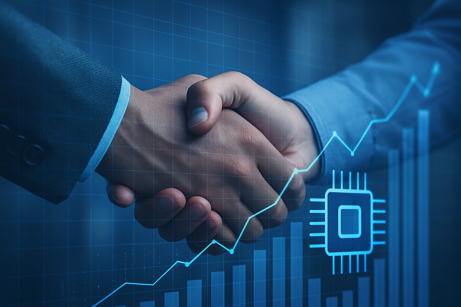 Partnership handshakes paired with industry confidence messaging and revenue graphs.