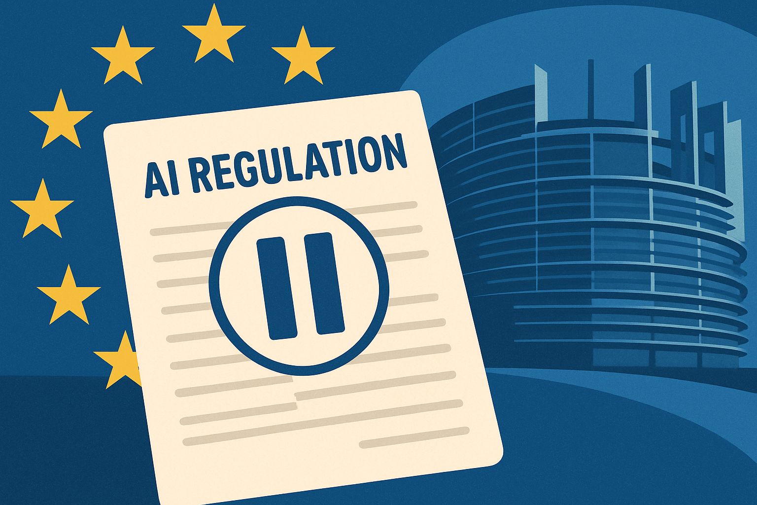 Pause button on EU AI regulation document represents regulatory uncertainty