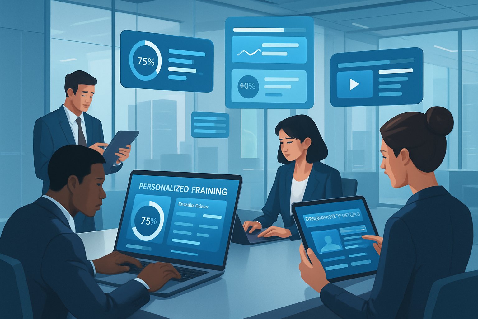 Personalized corporate training dashboards showing adaptive learning paths and performance metrics.