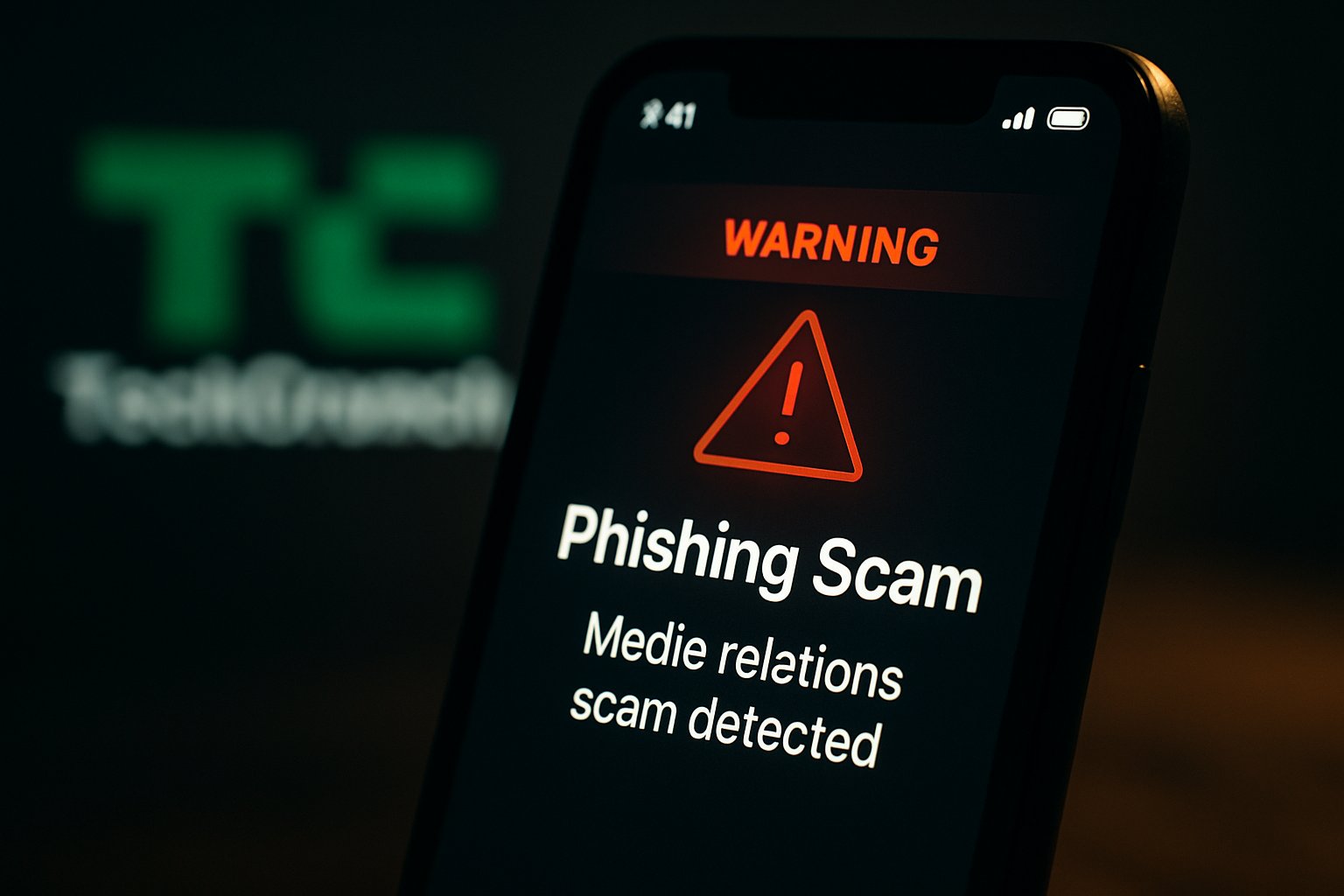 Smartphone alert warning user of phishing scam targeting media relations.